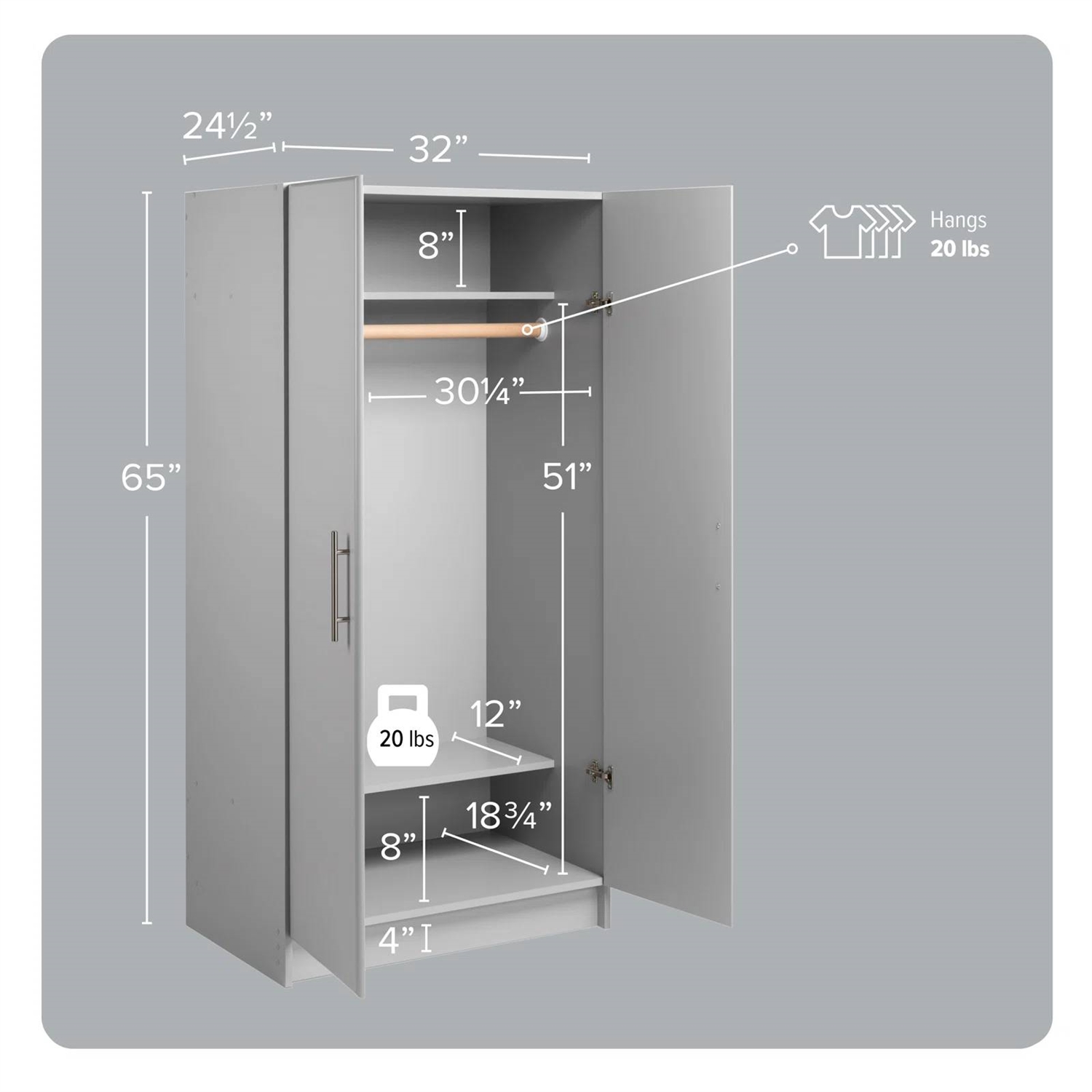 Bedroom Armoire Wardrobe Cabinet with Hanging Rail in Light Grey Wood Finish thumbnail 5