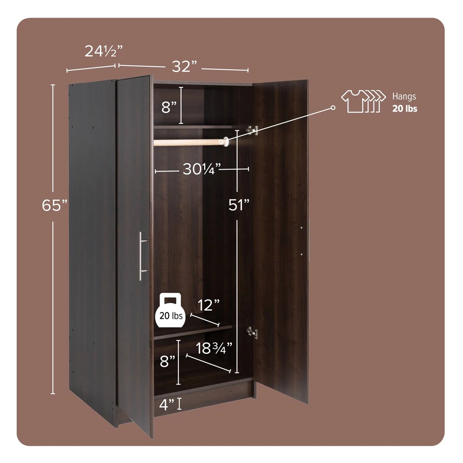 Bedroom Armoire Wardrobe Cabinet with Hanging Rail in Dark Brown Wood Finish thumbnail 5