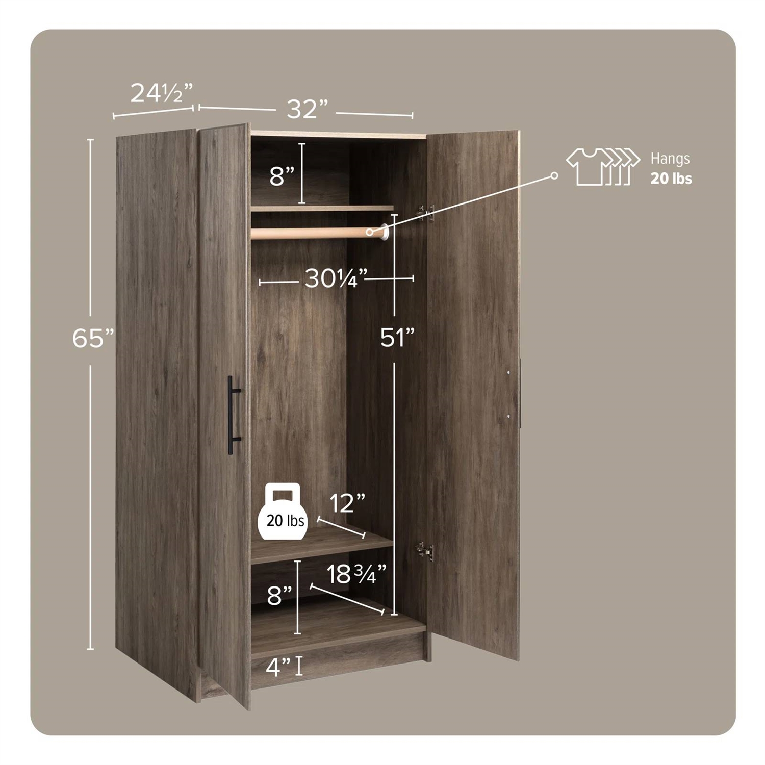 Bedroom Armoire Wardrobe Cabinet with Hanging Rail in Grey Brown Wood Finish thumbnail 5