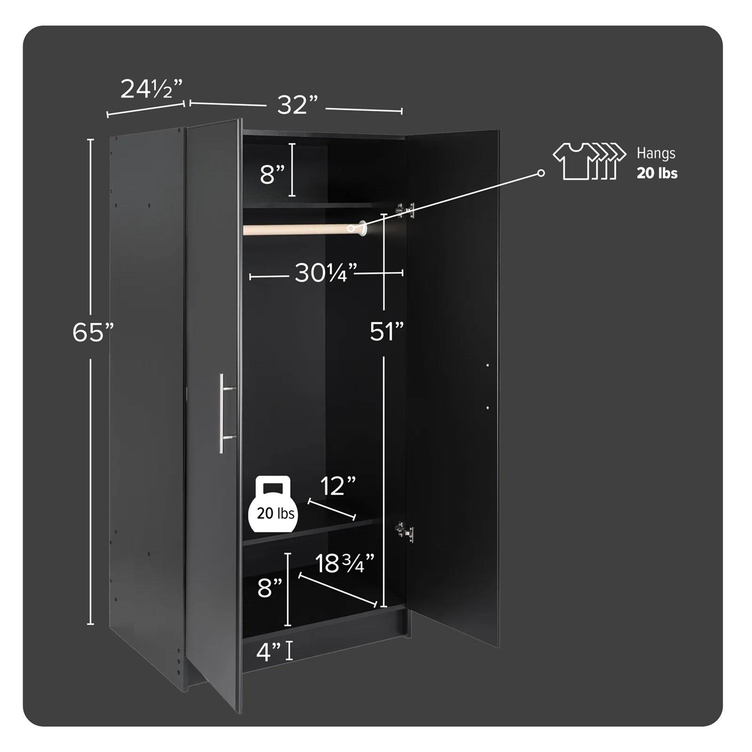 Bedroom Armoire Wardrobe Cabinet with Hanging Rail in Black Wood Finish thumbnail 5
