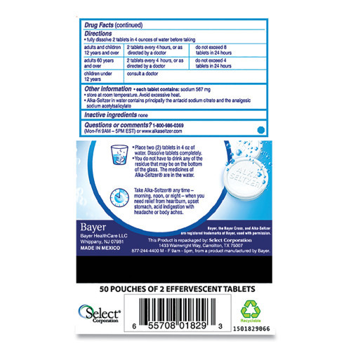 Alka-Seltzer Antacid and Pain Relief Medicine, Two-Pack, 50 Packs/Box (BXAS50) thumbnail 3