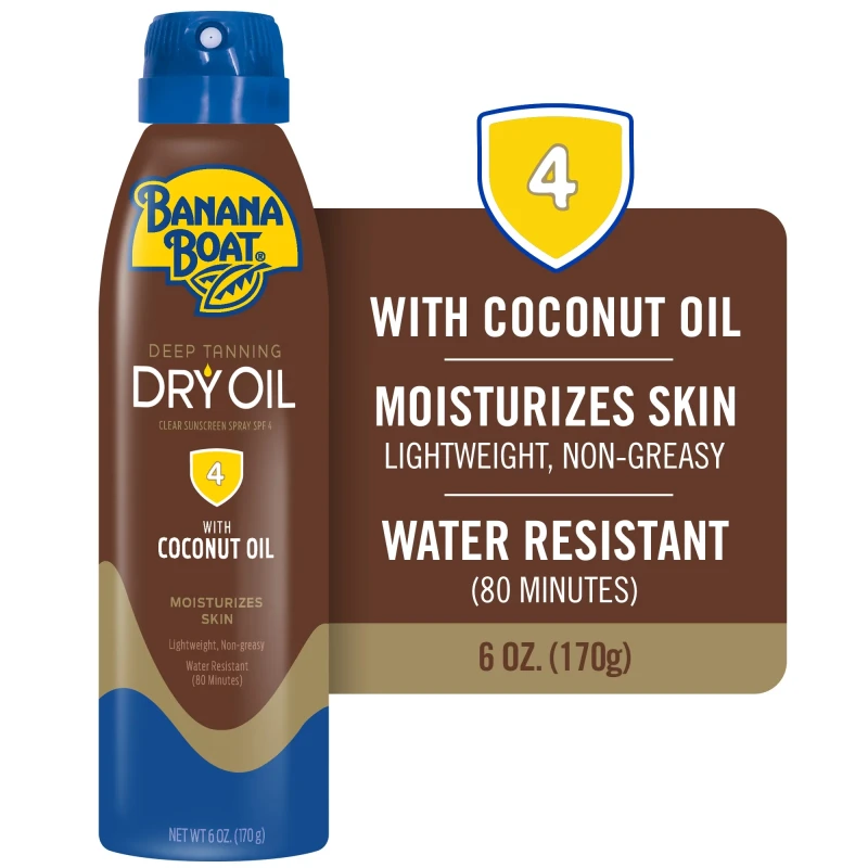 Banana Boat Deep Tanning Oil Spray SPF 4, Clear Dry Sunscreen Spray, Dark Tanning Oil, 6 oz
