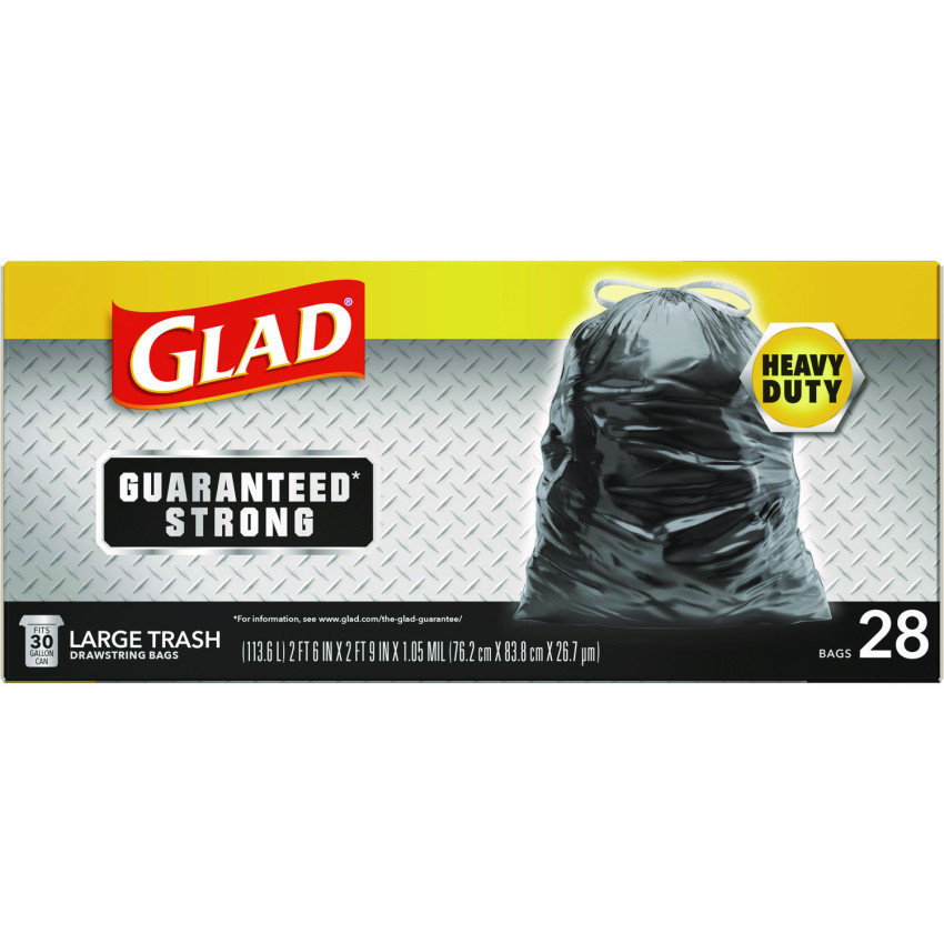 Glad Guaranteed Strong Large Drawstring Trash Bags, Three-Ply, 30 gal, 1.05 mil, 30" x 33", Black, 15/Box (78966BX) thumbnail 2
