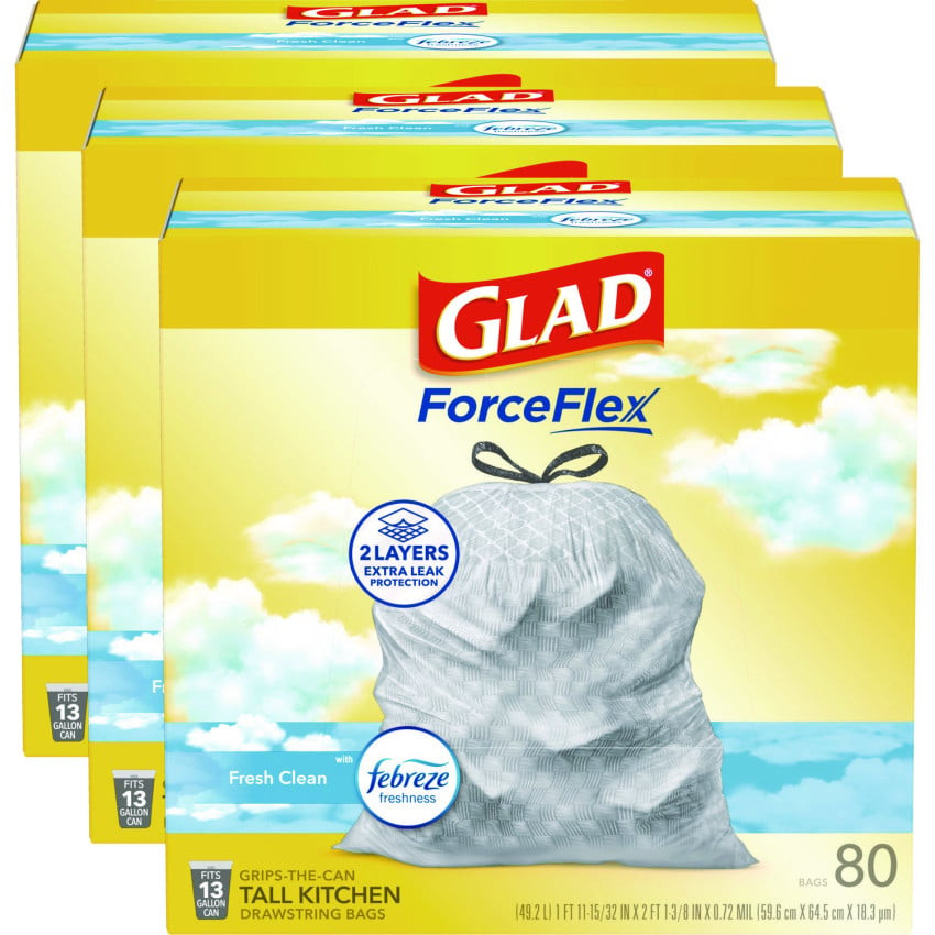 Glad ForceFlex Kitchen Drawstring Trash Bags, 13 gal, Fresh Clean Scent, 24" x 27.38", White, 80 Bags/Box, 3 Boxes/Carton (78899)