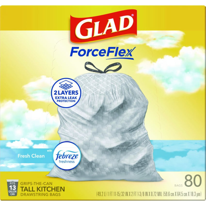 Glad ForceFlex Kitchen Drawstring Trash Bags, 13 gal, Fresh Clean Scent, 24" x 27.38", White, 80 Bags/Box, 3 Boxes/Carton (78899) thumbnail 3