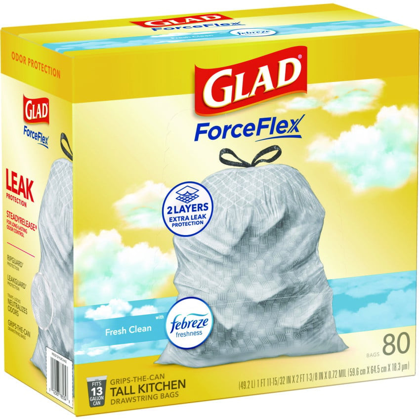 Glad ForceFlex Kitchen Drawstring Trash Bags, 13 gal, Fresh Clean Scent, 24" x 27.38", White, 80 Bags/Box, 3 Boxes/Carton (78899) thumbnail 2