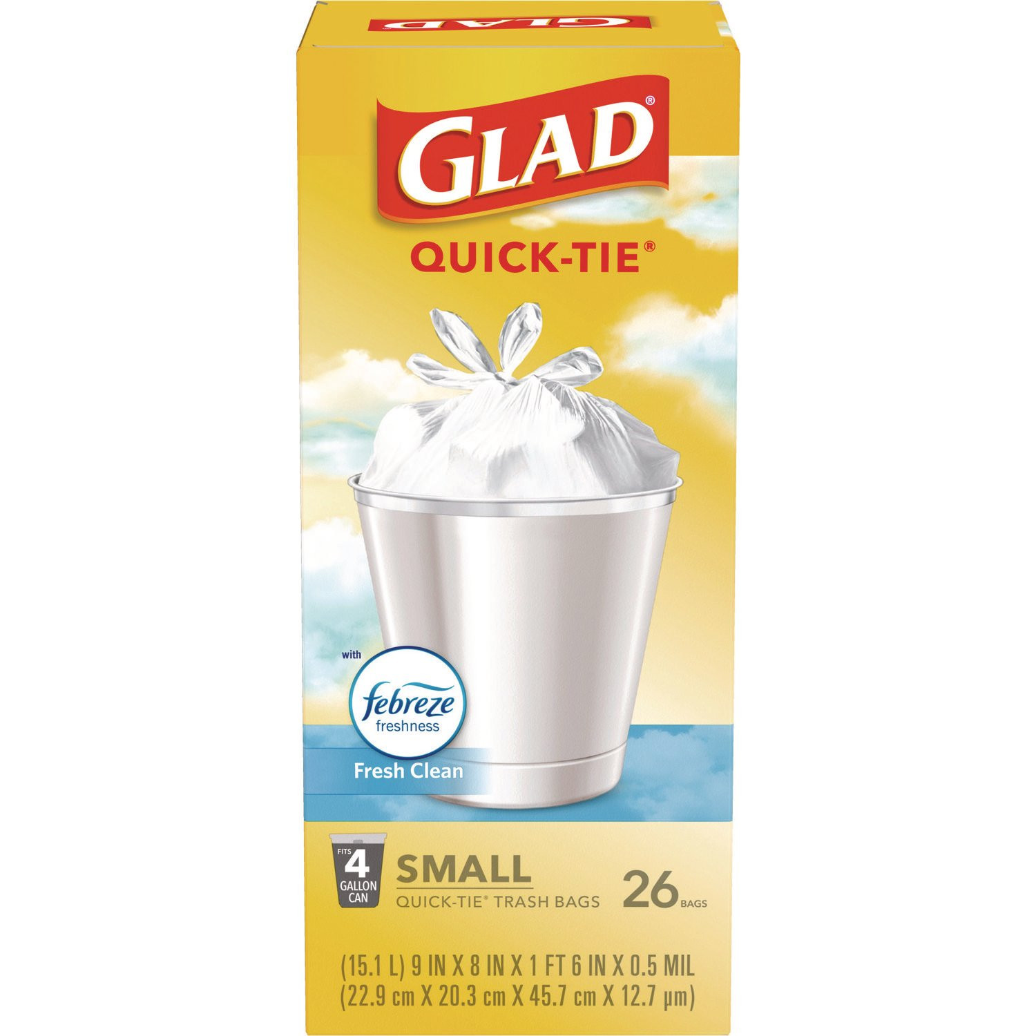 Glad OdorShield Quick-Tie Small Trash Bags, Tie-Flap, 4 gal, Fresh Clean Scent, 8" x 18", White, 26 Bags/Box, 6 Boxes/Carton (78812)