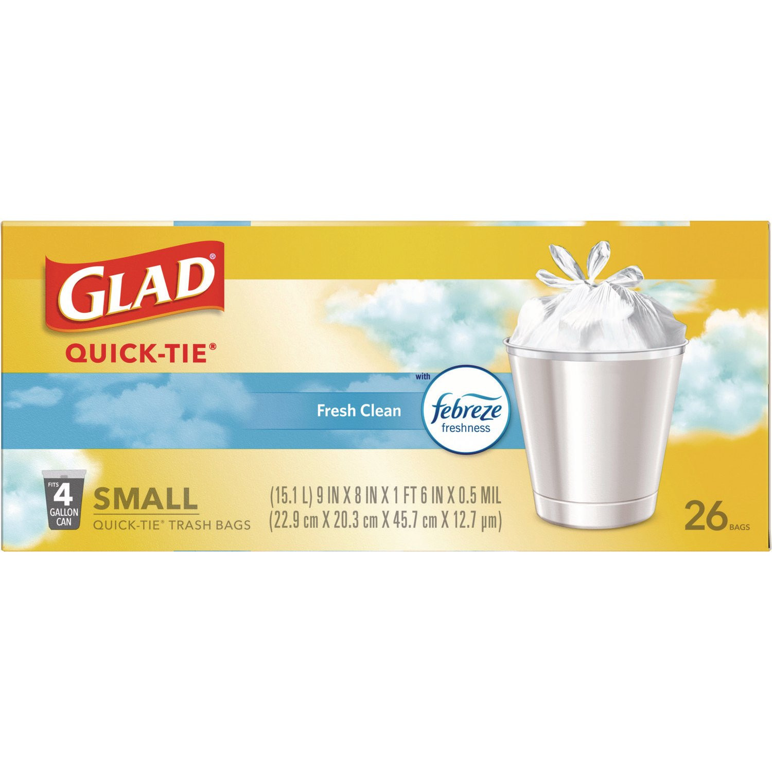 Glad OdorShield Quick-Tie Small Trash Bags, Tie-Flap, 4 gal, Fresh Clean Scent, 8" x 18", White, 26 Bags/Box, 6 Boxes/Carton (78812) thumbnail 2