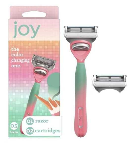 Joy Female Razor Handle with 2 Blade Refills, Color-Changing Handle, 5-Blade System, Non-Slip Grip, Up to 22 Uses per Cartridge (pack of 1)