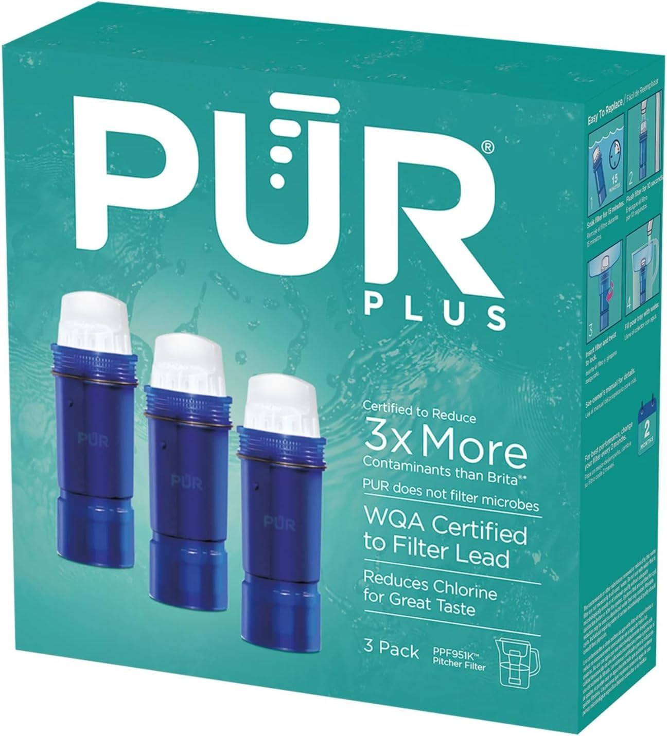 3-Pack Water Filter Cartridges for PUR Pitchers â€“ Reduces Lead & Contaminants, 6-Month Supply, Easy Install, Blue