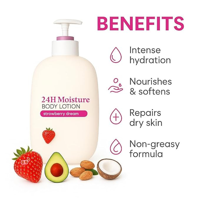 Strawberry Dream Scented Body Lotion â€“ Lightweight, Non-Greasy Moisturizer for Dry Skin with 24H Hydration, Vegan Formula, 16 fl oz (Pack of 1) thumbnail 4