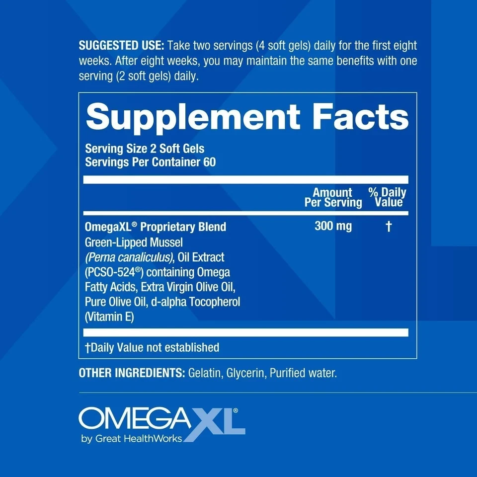 Omega XL 120 Capsules - Green Lipped Mussel Omega-3 Joint Relief Supplement USA thumbnail 2
