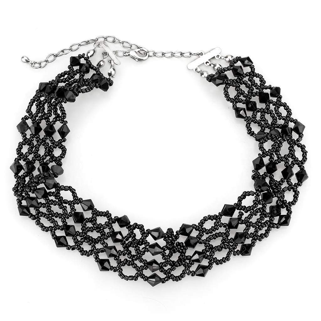 LO4718 - Rhodium Brass Necklace with Synthetic Synthetic Glass in Jet