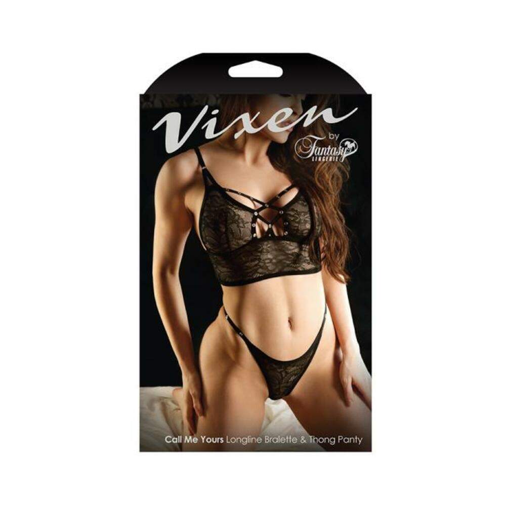 Vixen Call Me Yours Longline Bralette With Grommets & Thong Panty Black L/xl