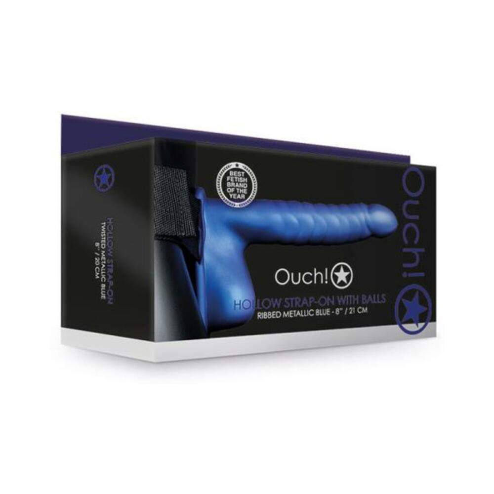 Ouch! Ribbed Hollow Strap-on With Balls 8 In. Metallic Blue