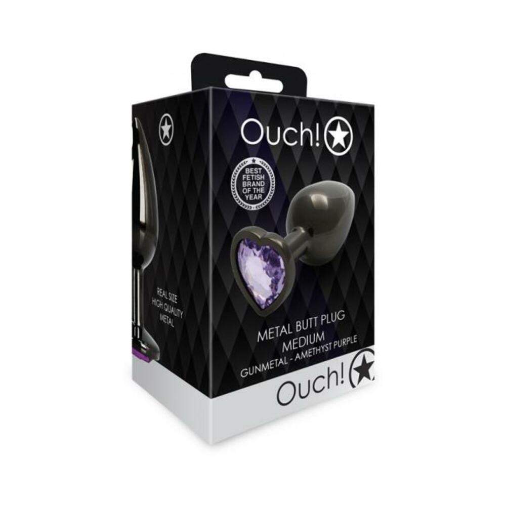Shots Ouch! Heart Gem Butt Plug Medium Gunmetal/amethyst