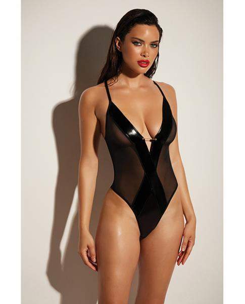 Fetish Frisky Fishnet & Vinyl Shelf Cup Peek A Boo Teddy Black Xl