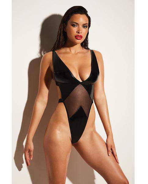 Fetish Finesse Soft Cup Vinyl & Mesh Teddy W/barbell Black S/m