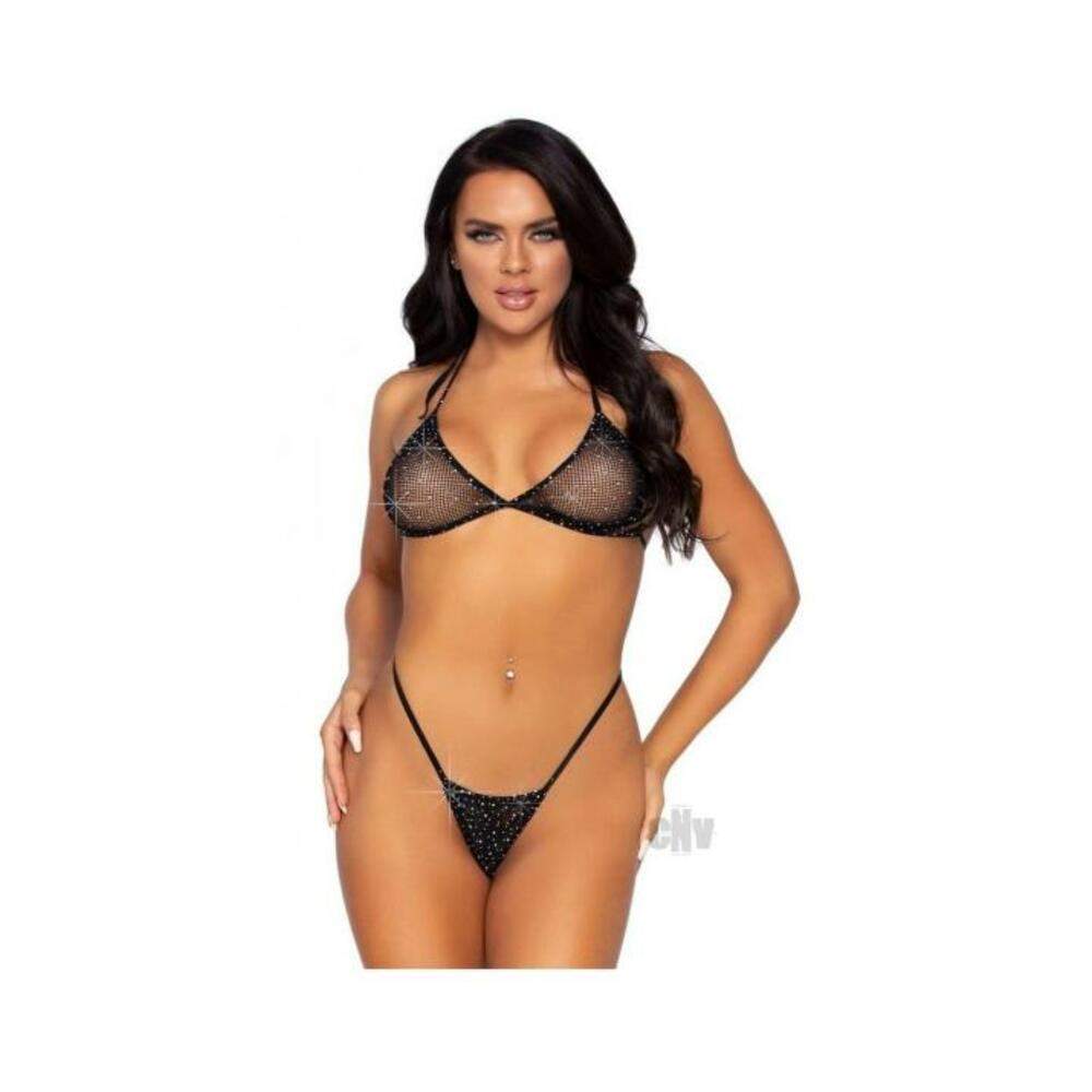 Rhinestone Fishnet Bikini Set 2pc Blk
