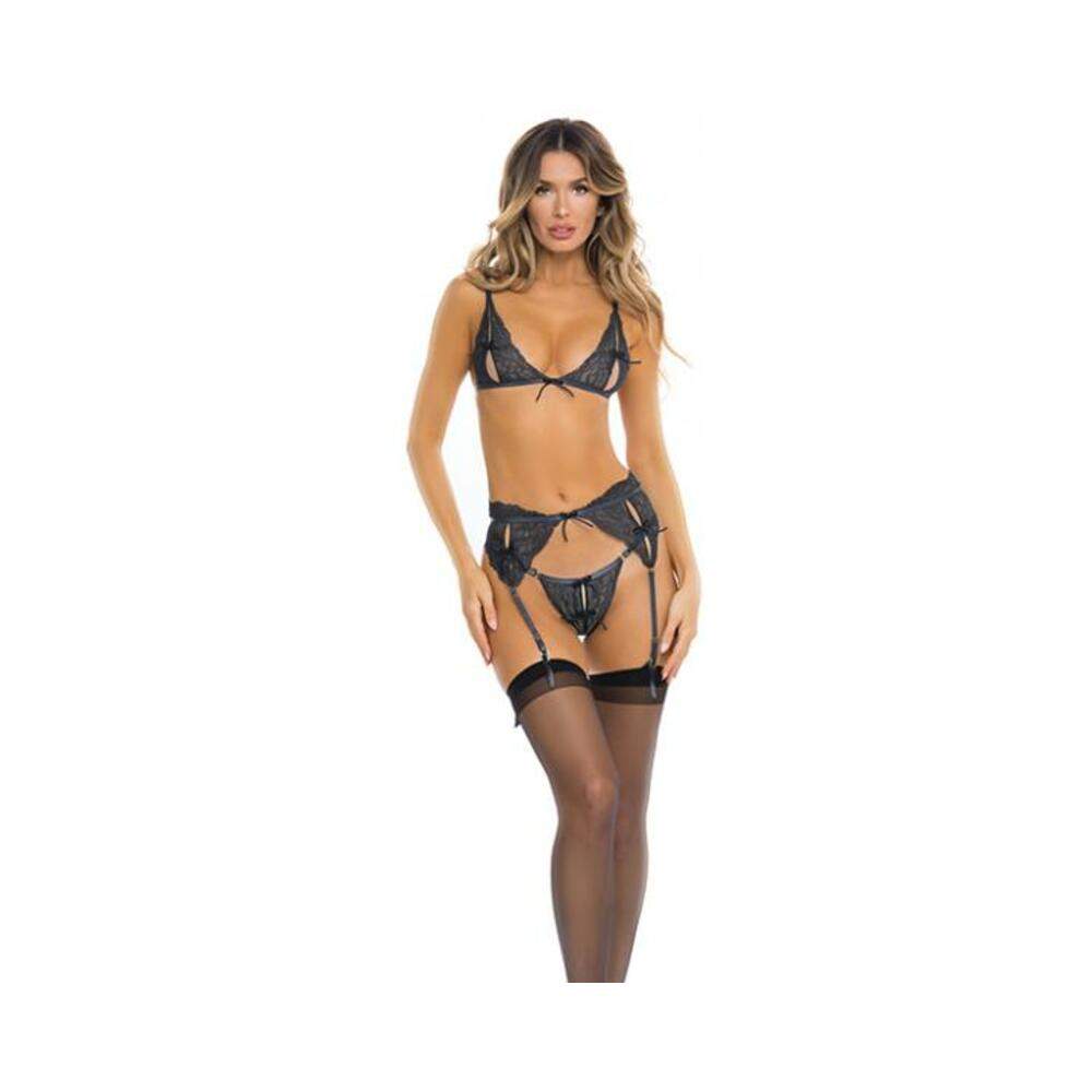 Rene Rofe Sneak Peak Bra, Garter Belt And G-string Blue M/l