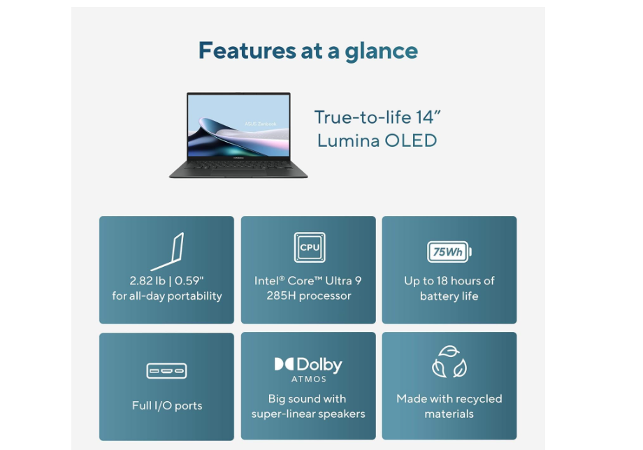 ASUS Zenbook 14 AI PC OLED Touchscreen Laptop, Intel Ultra 9 285H, 32GB DDR5, 1TB SSD, 14" FHD+, 16-Core (> i9-13900H), Backlit, 2x Thunderbolt 4, Wi-Fi 7, 18-Hr Battery, IR Webcam, Win 11 Pro, UX3405 thumbnail 2