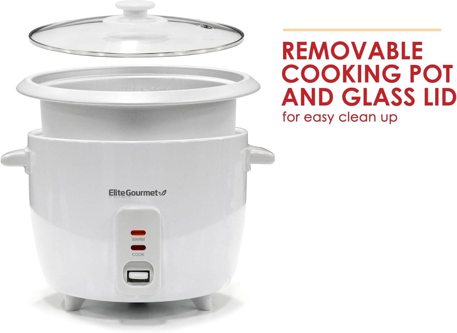 Elite Gourmet ERC-003 Electric Rice Cooker with Automatic Keep Warm Makes Soups, Stews, Grains, Hot Cereals, White, 6 Cups Cooked (3 Cups Uncooked) thumbnail 4