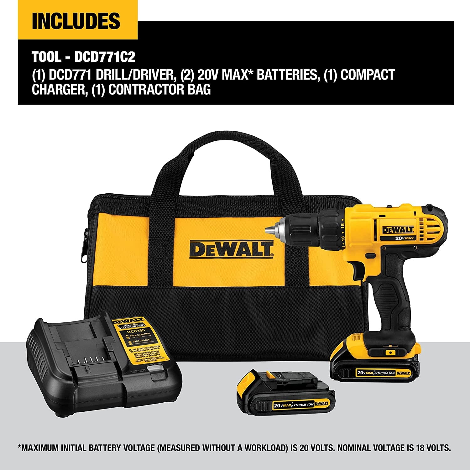 DEWALT 20V Max Cordless Drill / Driver Kit, Compact, 1/2-Inch (DCD771C2) thumbnail 2