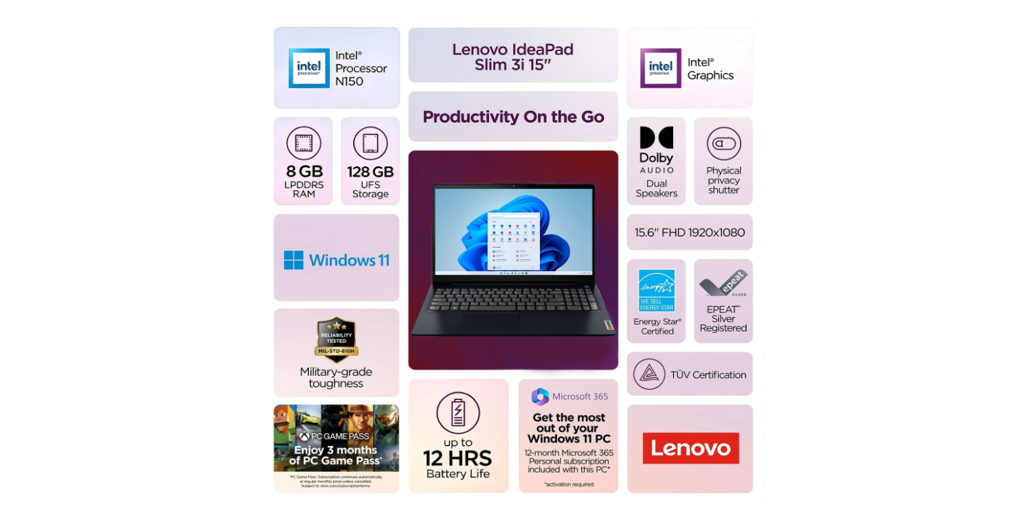 Lenovo IdeaPad Slim 3i • 15.6" FHD Laptop with Microsoft 365 Included • Intel N150 • 8GB DDR5RAM • 128GB SSD • Windows 11 Home thumbnail 4