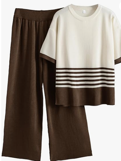 Women's Knit Sets 2 Piece Outfits Pullover Short Sleeve Wide Leg Pants Sweatsuit