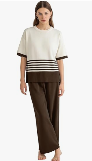 Women's Knit Sets 2 Piece Outfits Pullover Short Sleeve Wide Leg Pants Sweatsuit thumbnail 2