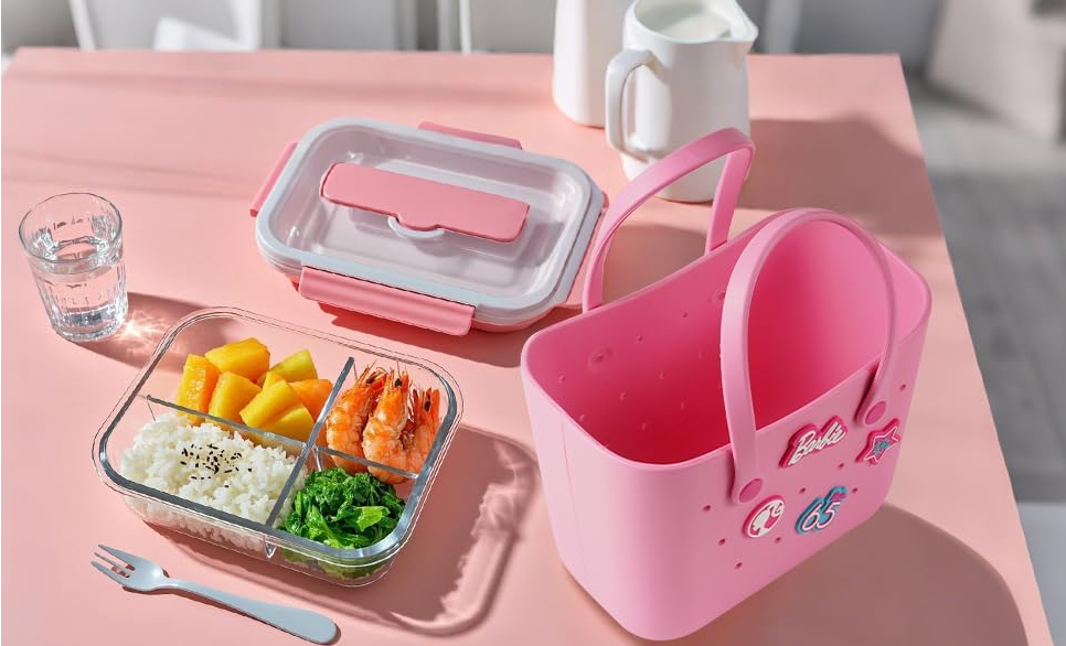 MINISO Barbie Tote Bag, Reusable Small Rubber Waterproof Bag, Cute Design Practical And Portable Handbag for Work Travel (PINK) thumbnail 4