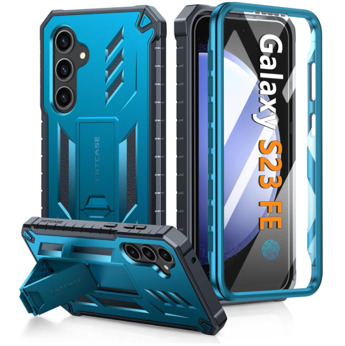 FNTCASE for Samsung Galaxy S23-FE Case: Military Grade Protective Hard Phone Case with Kickstand | Screen Protector | Shockproof TPU Full Protection Drop Proof Phone Cover for Galaxy S23 FE 5G Blue