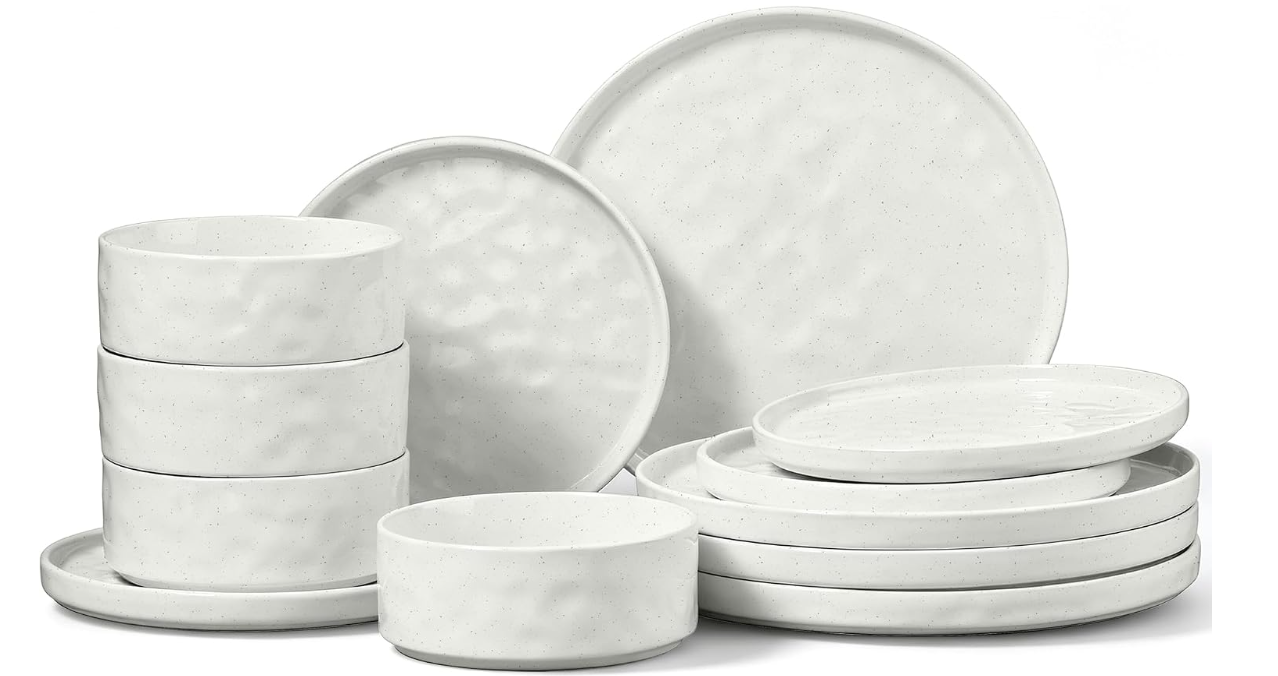 E-far Black Plates and Bowls Sets, 12-Piece Stoneware Dinnerware Set for 4