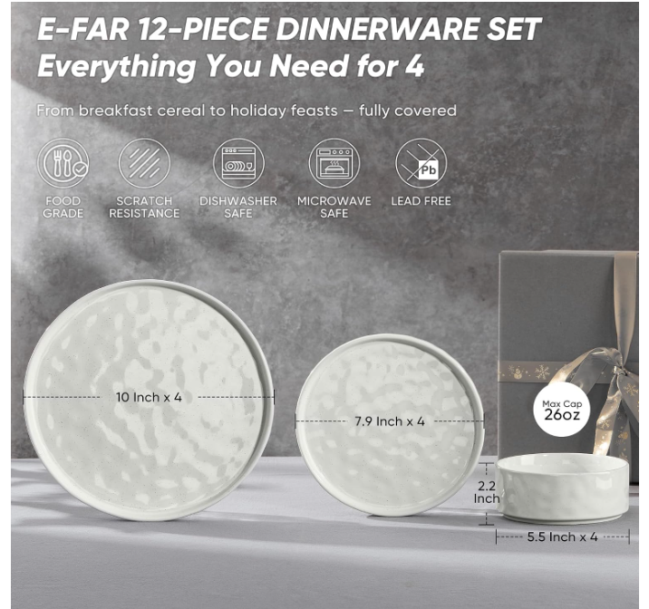 E-far Black Plates and Bowls Sets, 12-Piece Stoneware Dinnerware Set for 4 thumbnail 2
