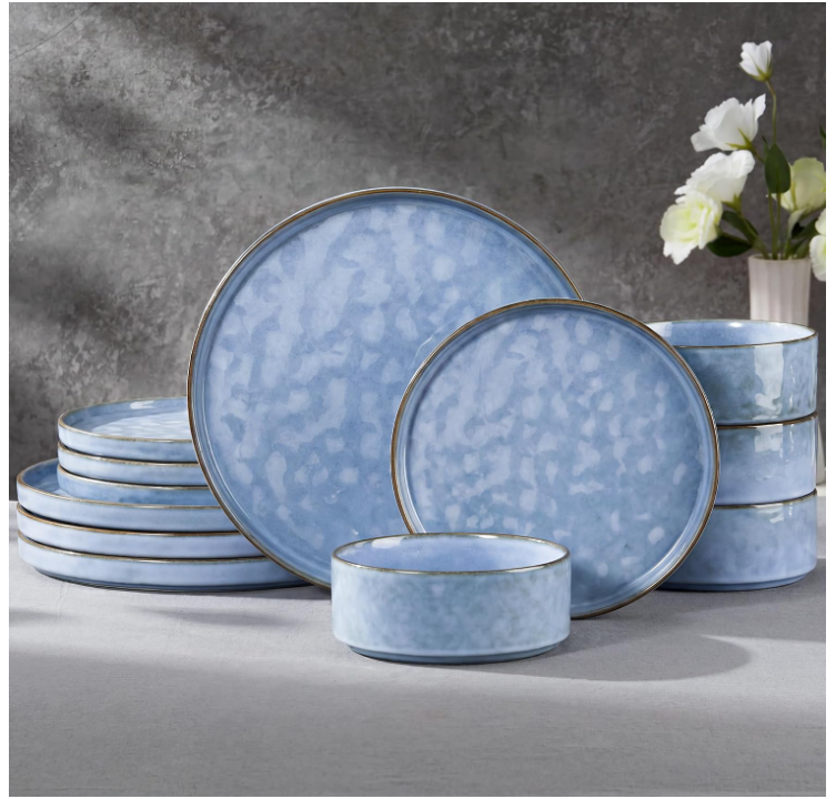 E-far Black Plates and Bowls Sets, 12-Piece Stoneware Dinnerware Set for 4 thumbnail 6