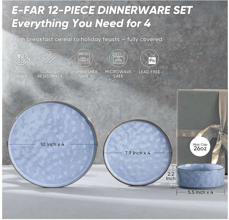 E-far Black Plates and Bowls Sets, 12-Piece Stoneware Dinnerware Set for 4 thumbnail 7