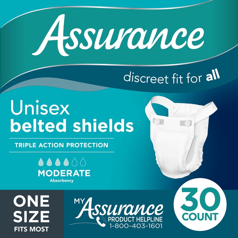 Assurance Unisex Incontinence Belted Shields, Moderate Absorbency, One Size Fits Most, 30 Count
