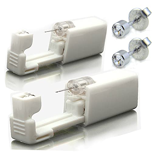 Ear Piercing Gun,2 Pack Self Ear Piercing Gun Disposable Self Ear Piercing Gun Kit Safety Ear Piercing Gun Kit Tool Ear Stud Gun with Alcohol Pad and With Earrings (4mm white crystal) …