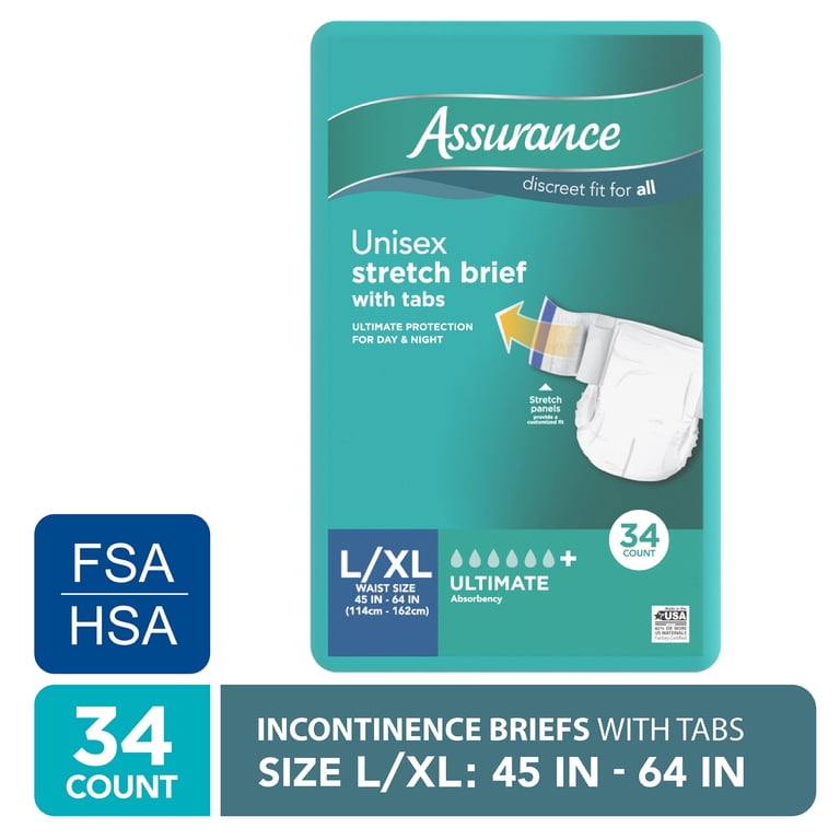 Assurance Unisex Stretch Briefs with Tabs, L/XL, 34 Count