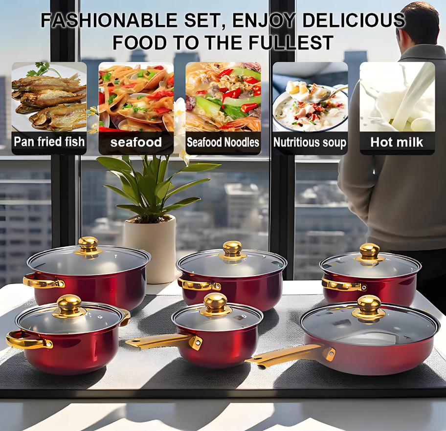Red Cookware Set, 12-Piece ,Stainless Steel, Non-Stick, Kitchen Cookware Collection, Complete Kitchen Solution