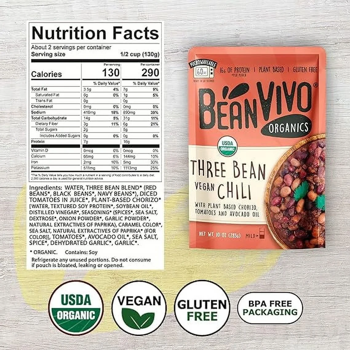 BeanVIVO Organics Three Bean Vegan Chili - Good Source of Fiber - Nutritious & Microwave Meals - Gluten-Free Plant Food - 10 oz Pouch thumbnail 2