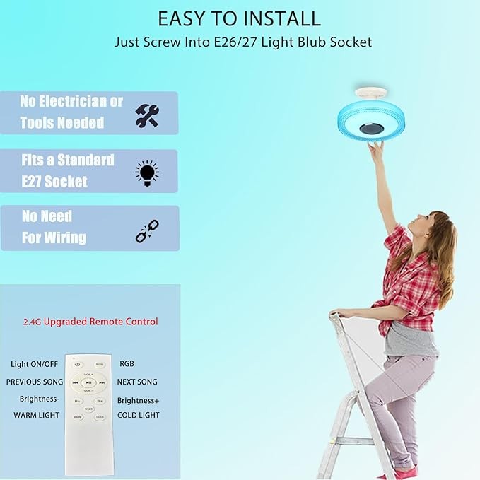 Waterproof Smart LED Shower Ceiling Light Fixture with Bluetooh Speaker,18W 11Inch,3000-6500K Dinmmable RGB Color Changing Music Lamp with App+2.4G Remote Control for Bathroom,Bedroom,Kid Room thumbnail 5