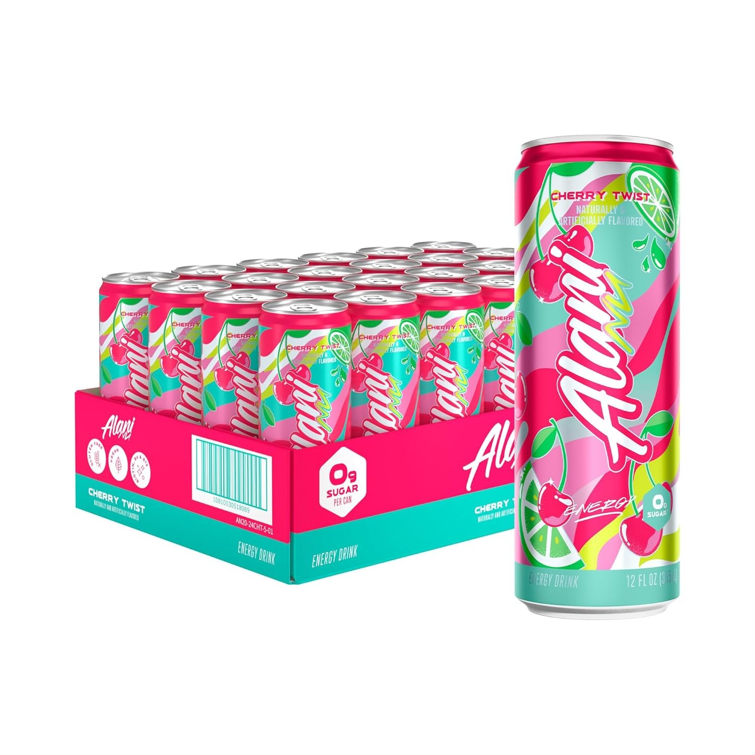 Alani Nu Cherry Twist Sugar Free, Low Calorie Energy Drinks | 200mg Caffeine | Pre Workout Performance with Antioxidants | Biotin B Vitamins | Zero Sugar | 15 Calories or Less | 12 Fl Oz Cans (24 Pack