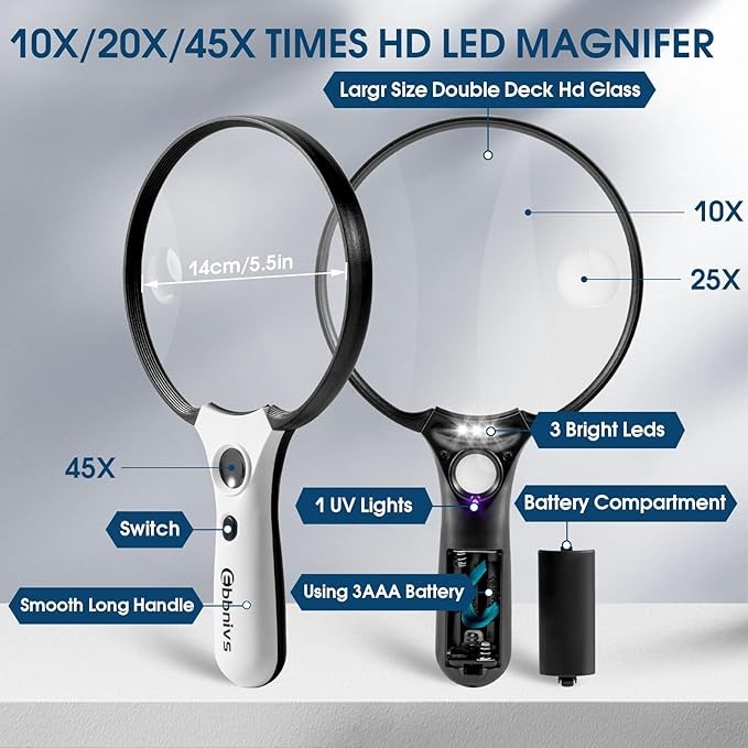 Large Magnifying Glass with Light, Magnifier 10X 20X 45X Handheld Illuminated Lighted Magnifier with 3 LED Lights 1UV Light Storage Bag Clean Cloth for Seniors Reading Inspection (Black) thumbnail 5