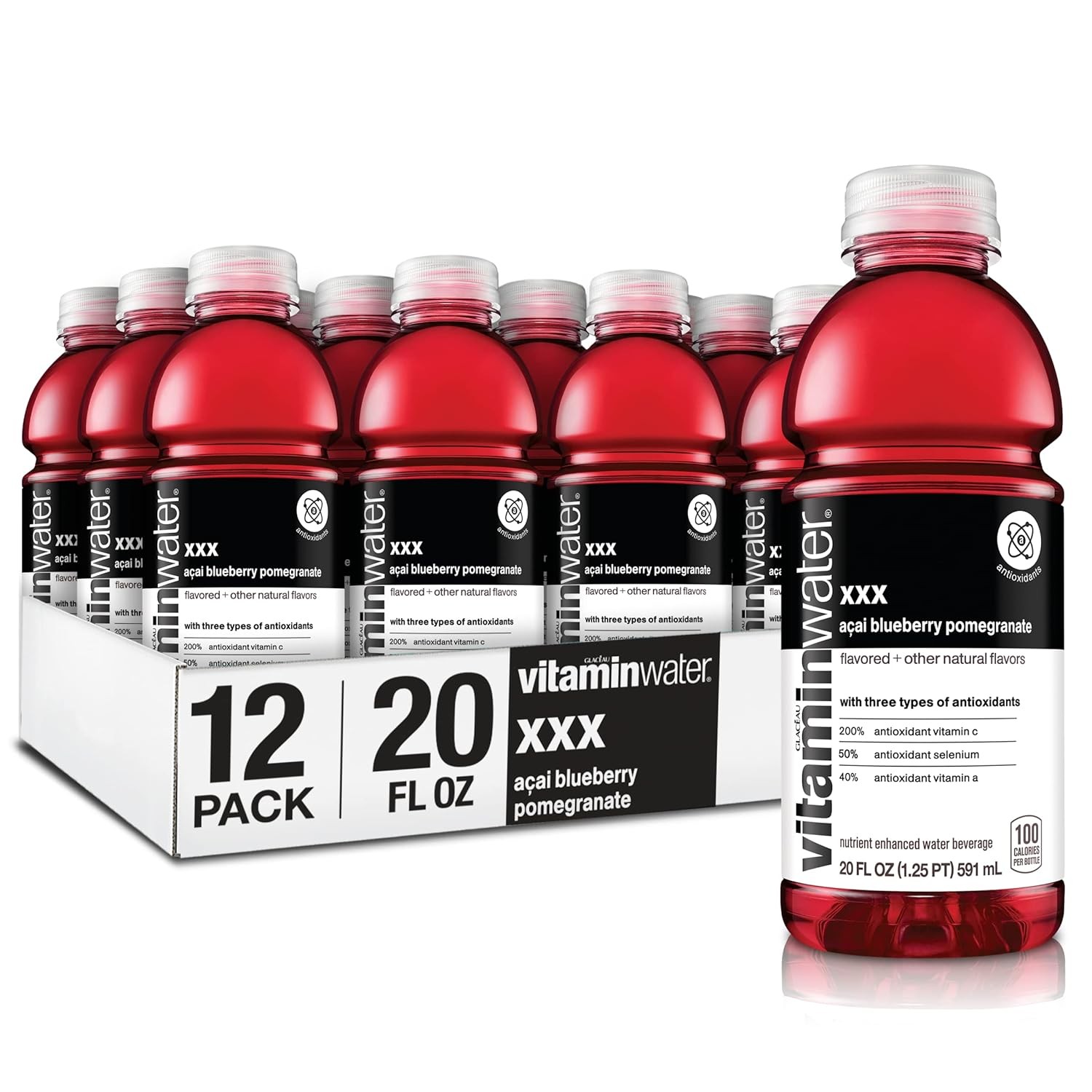 vitaminwater xxx, electrolyte enhanced water w/vitamins, aÃ§ai-blueberry-pomegranate drinks, 20 fl oz, 12 Pack