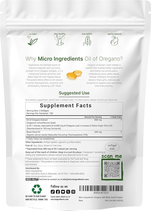 Micro Ingredients Oil of Oregano, 300 Softgel | Oregano Oil with Black Seed Oil, 4X Strength Carvacrol & Thymoquinone | Plant Based, Non-GMO | Antioxidant & Immune Support thumbnail 2
