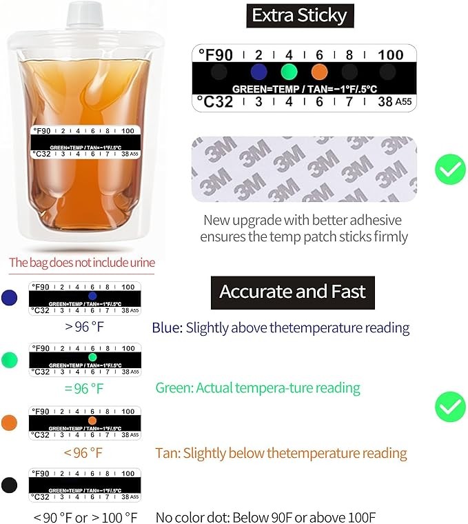 15 Pcs Urine Test Complete Kit Includes 3 Transparent Leakproof Bags,10 Adhesive Temperature Test Strips,47" Adjustable Leg Straps,Filling Funnel,Portable Travel Urine Test Bag(Hidden Style) thumbnail 3