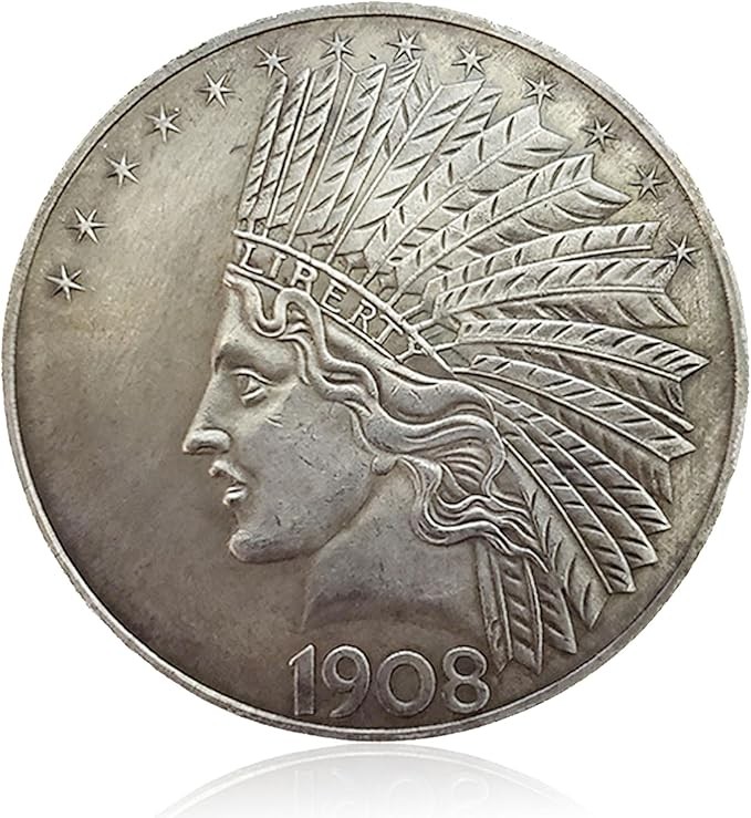 Antique Liberty Indian Head $10 Dollar Coin, Uncirculated Morgan Silver Dollar, Historical Shangui Ritual Coin, Rare Old Coins for Collectors & American Coin Collection(1908 1PCS)