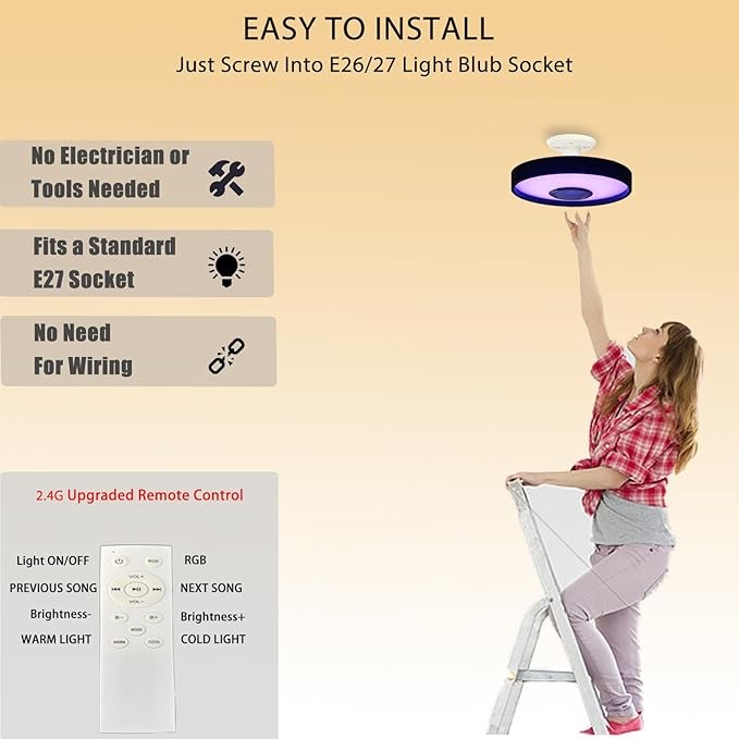 Smart LED Waterproof Shower Ceiling Light Fixture With Bluetooth Speaker,11Inch 18W,3000-6500K,Dinmmable Music Lamp RGB Color Changing With App+2.4G Remote Control For Bathroom,Bedroom,Kids Room thumbnail 3