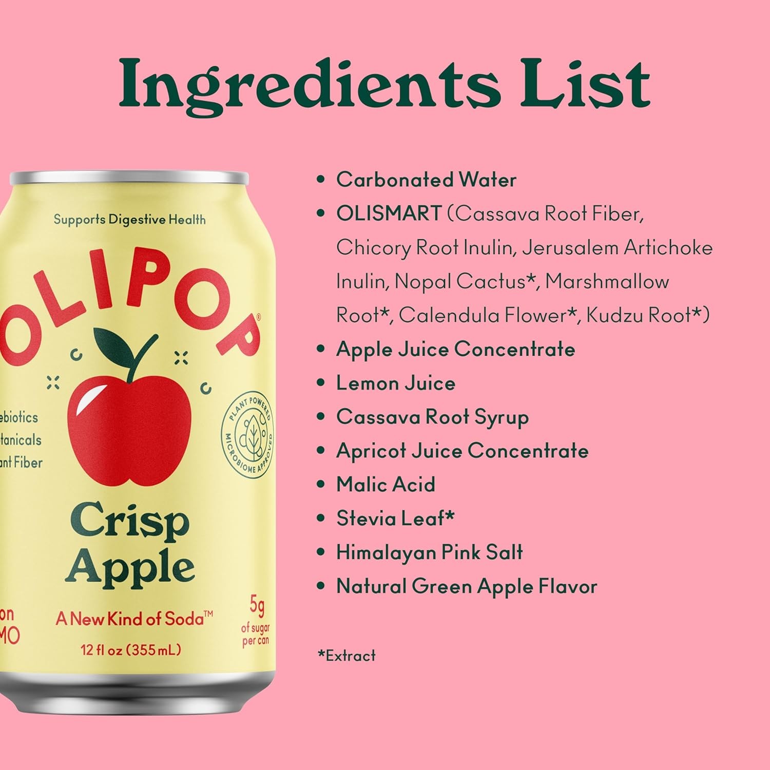 OLIPOP Prebiotic Soda Pop, Crisp Apple, A New Kind of Soda Packed with Prebiotics, Fiber, and Botanicals, Gluten Free, Vegan, GMO Free, 12oz (12-Cans) thumbnail 2